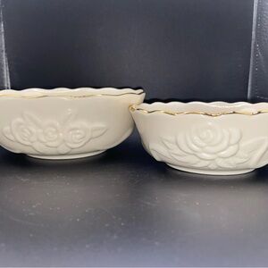 Lenox Rose Blossom Ivory Porcelain Bowls with Scalloped Gold Rim 5 1/2” & 4 1/2”